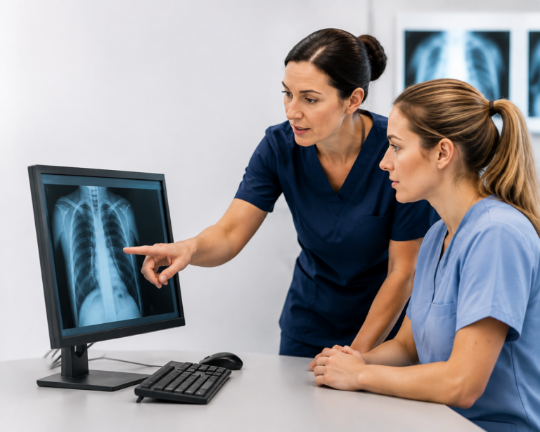 Healthcare professionals reviewing a chest X-ray on a computer.